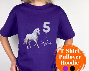 Children's Horse White T-Shirt Birthday Child Name Number Birthday Shirt Personalized 4 5 6 7 8 Sweater Girls Birthday Shirt Long Sleeve