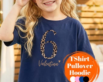 Leo Birthday T-Shirt with Name & Number, Leopard Print Birthday Shirt for Girls 4-18 Years, Long Sleeve, Birthday Girl, Leopard Print Children's Sweater