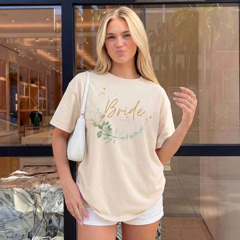 T-Shirt Braut Team personalisiert mit Nachname Name Vorne Rücken Junggesellenabschied Damen Shirt Frauen Ringe Team Braut Bride JGA Party