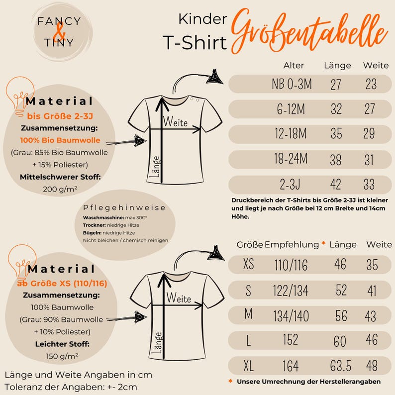 May include: Size chart for children's t-shirts in sizes NB 0-3M to 2-3J. The chart shows the age, length, and width of the shirts in centimetres. The chart also includes a size recommendation based on the child's height in centimetres.