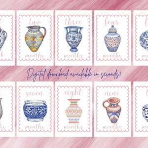 Assortiment de vases (inspiration chinoiserie) Cartes d'étape mensuelles téléchargeables pour bébé fille
