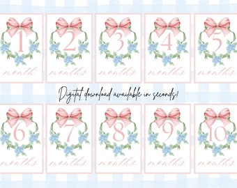 Blue Hydrangea Baby Girl Monthly Milestone Cards Downloadable