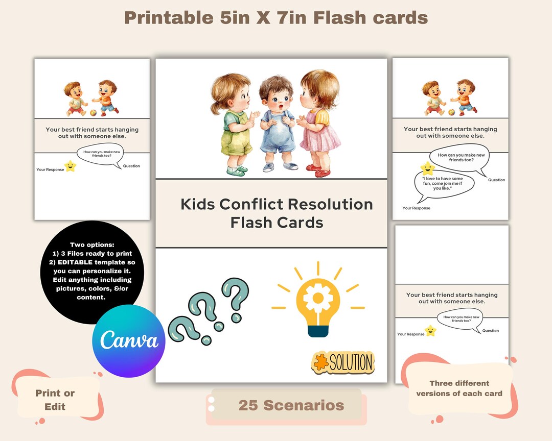 Kids Conflict Resolution Flash Cards, Editable Printable (digital ...