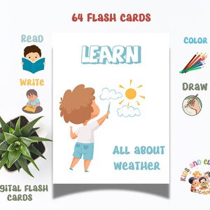 64 cartes météo flash, cartes imprimables préscolaire, cartes éducatives préscolaire, école à la maison, cartes d'étude de la maternelle, préscolaire, maternelle