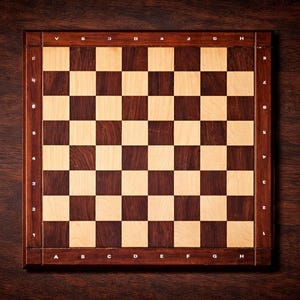 Puede incluir: Un tablero de ajedrez de madera con casillas claras y oscuras. El tablero está enmarcado en madera oscura y se encuentra sobre una superficie de madera oscura. Las piezas de ajedrez son visibles en la esquina superior izquierda. Un juego clásico de estrategia y habilidad.