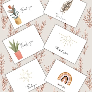 Może przedstawiać: Zestaw sześciu kartek z podziękowaniami z różnymi ilustracjami. Ilustracje obejmują roślinę w doniczce, pióro, słońce, słońce z promieniami i tęczę. Każda kartka zawiera napis "Dziękuję".