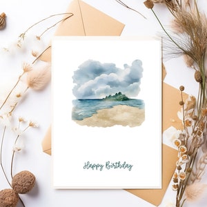 Joyeux anniversaire carte à impression instantanée en téléchargement numérique - belle scène aquarelle de plage - carte bien pensée - carte économique - pliable