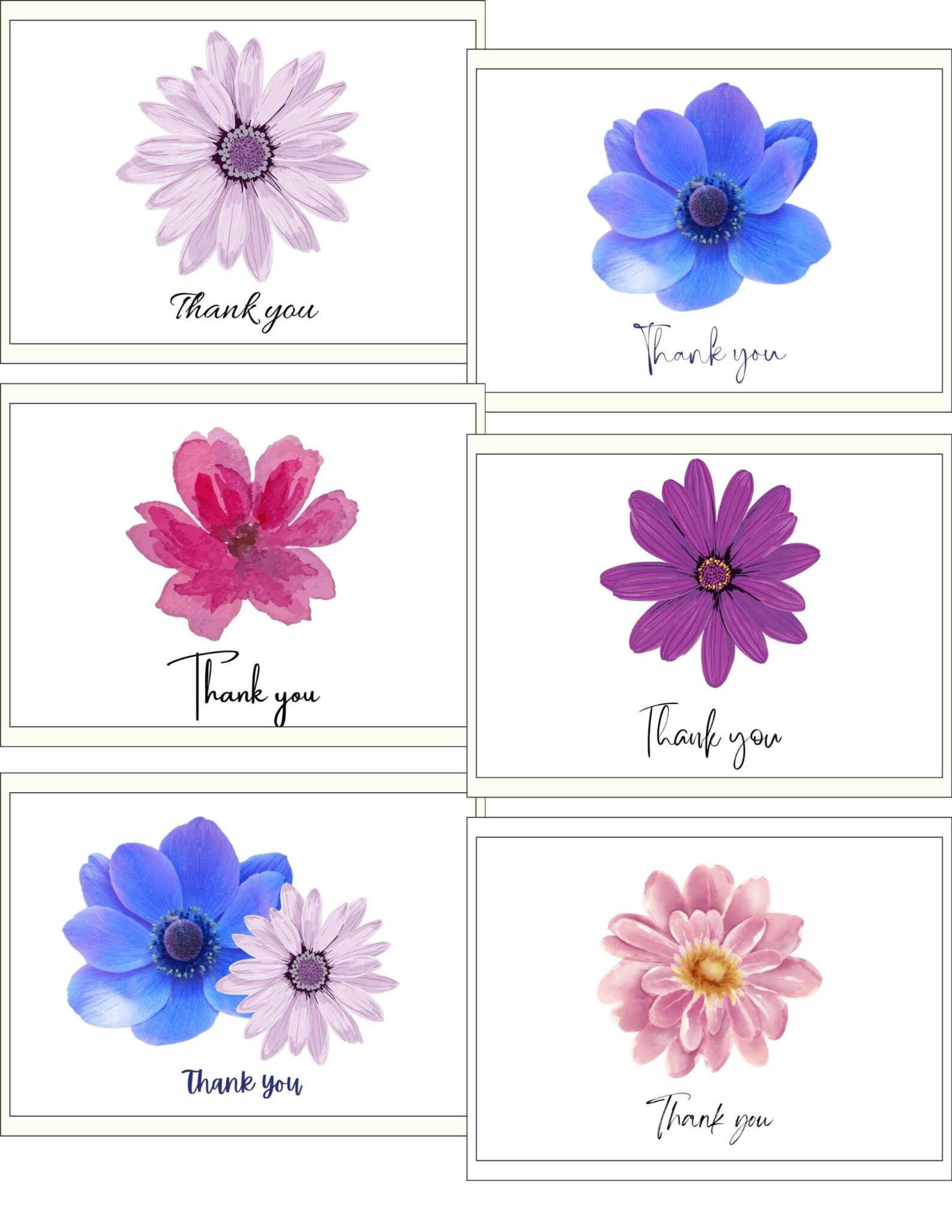 Elegant Floral Thank You Notes Set - 6 Assorted Designs - Digital ...