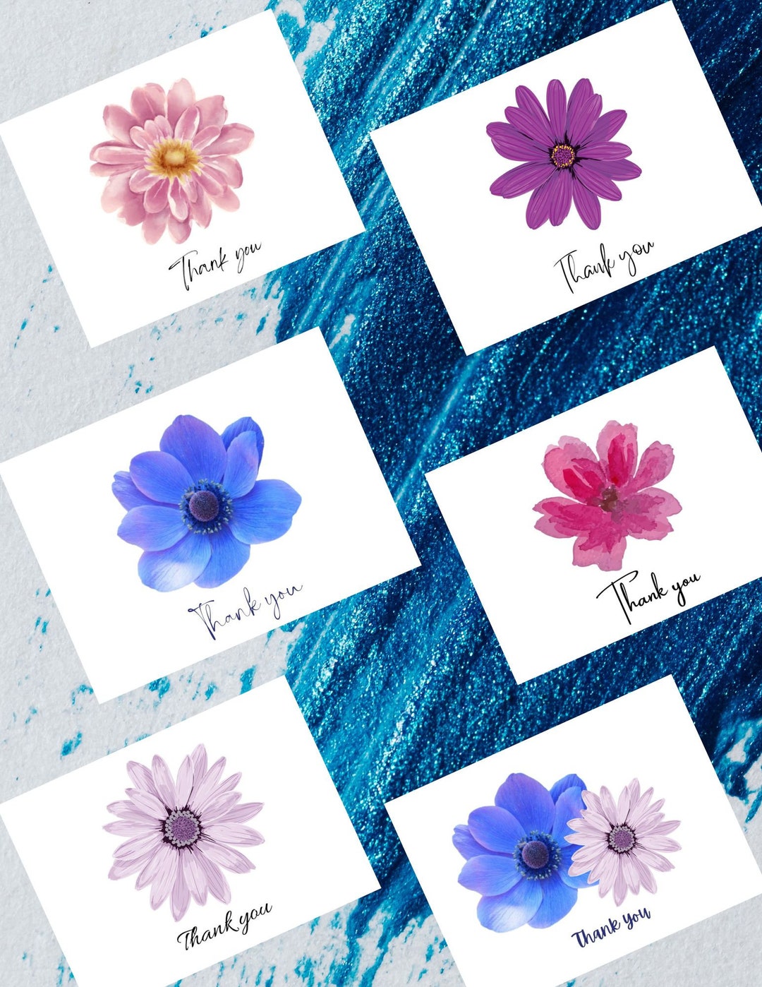Elegant Floral Thank You Notes Set - 6 Assorted Designs - Digital ...