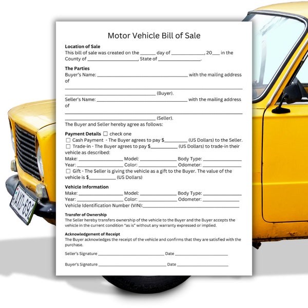 Printable Motor Vehicle Bill of Sale *Popular Purchase* Instant Download for Easy Transfer of Ownership - Includes Notary