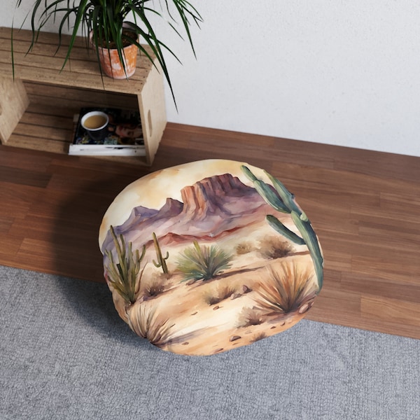 Southwest Desert Watercolor Tufted Floor Pillow, Round - Boho Decor - Housewarming Gift - Boho Gift Idea