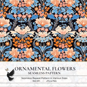 Orange & Blue Ornamental Floral Pattern | Boho Style Seamless Pattern for Digital Download | Printable Pattern for Commercial Use