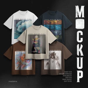May include: A mockup image showcasing five different t-shirts in various colors: white, navy, beige, and two shades of brown. Each shirt features a unique graphic design. The text "YOUR DESIGN HERE" is printed on each shirt. The word "MOCKUP" is printed vertically on the right side.