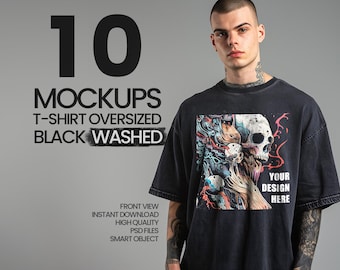 10 oversized T-shirt-mockups | Gewassen zwart, vooraanzicht (PSD + JPG)