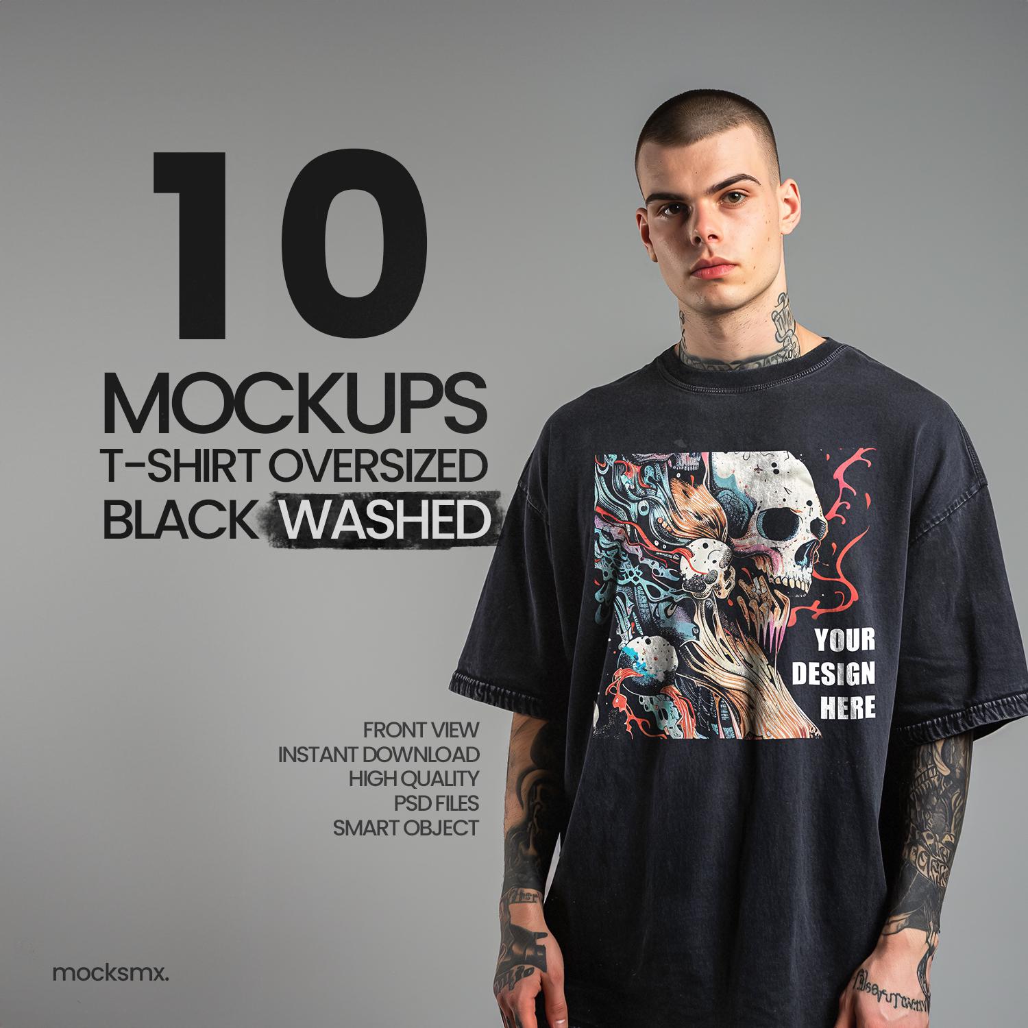 Bundle With 10 Oversized Dyed/washed Black T-shirt MOCKUPS. Front
