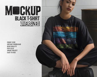 Mockup oversized zwart T-shirt: vooraanzicht dames (PSD en JPG)