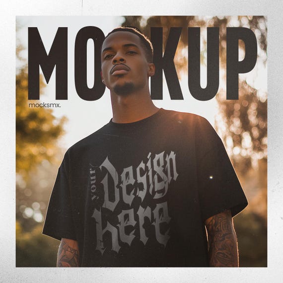 MOCKUP Oversized Tee in Black Outdoor, Front View PSD JPG