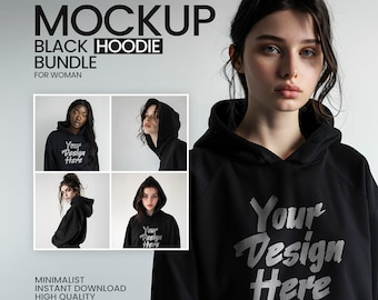 Pacchetto di mockup per felpa con cappuccio nera – Modello PSD da donna (download digitale)