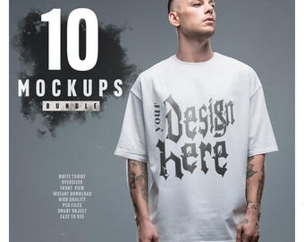 BUNDEL: 10 MOCKUPS, oversized witte T-shirts, vooraanzicht, PSD + jpg, slim object, streetwear