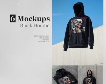 6 mockups met zwarte hoodie: minimalistische PSD- en JPG-varianten (digitale download)