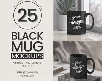 25 mock-ups met zwarte mok, minimalistische esthetiek (PSD, JPG, digitale download)