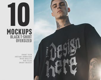 Oversized zwarte T-shirtmodellen – vooraanzicht, 10 PSD + JPG (digitale download)