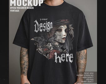 Mockup van geverfd zwart T-shirt, vooraanzicht (PSD + JPG)