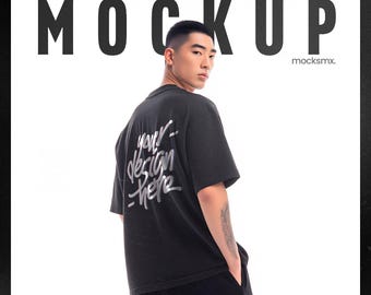 Oversized zwart T-shirtmodel | Achteraanzicht PSD, JPG (digitale download)