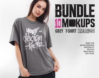 Bundel grijze oversized T-shirt mockups – 10 PSD en JPG, voor- en achterkant (digitale download)