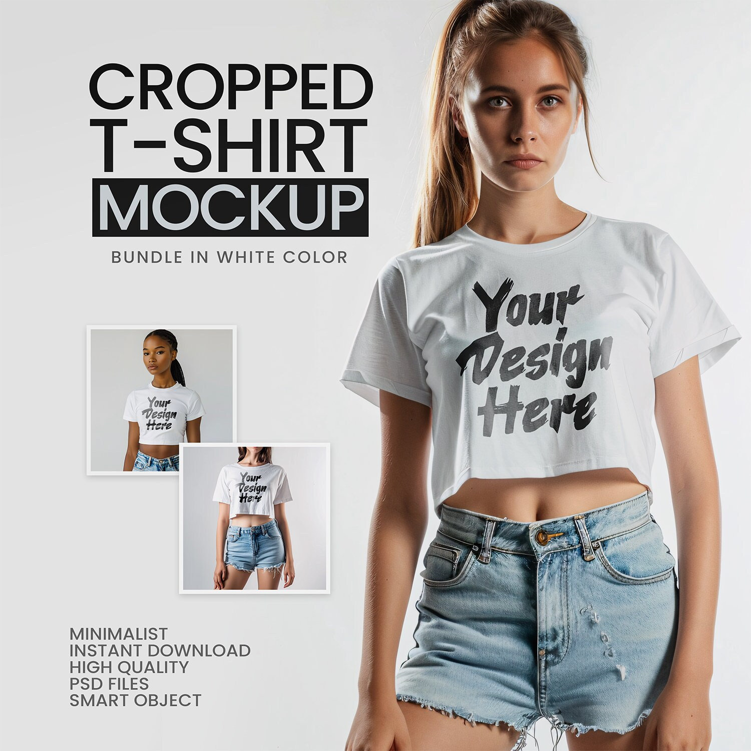 BUNDLE of 7 MOCKUPS White Cropped T-shirt for Women, PSD