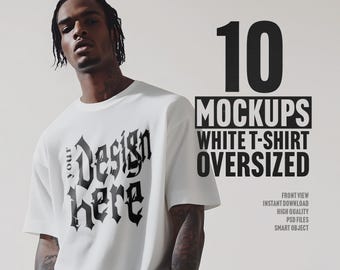 10 oversized witte T-shirt-mockups – vooraanzicht (PSD en JPG)