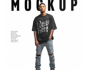 Mockup zwart oversized T-shirt, volledig mannelijk model (PSD, JPG)