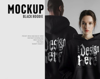 Black Hoodie Mockup, Couple Model, Front & Back View (PSD File)