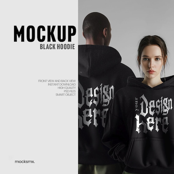 Black Hoodie Mockup, Couple Model, Front & Back View (PSD File)