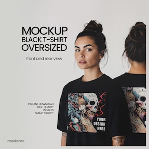 以下が含まれることがあります： スカルグラフィックと「YOUR DESIGN HERE」のテキストが入った黒のオーバーサイズTシャツモックアップ。画像には「MOCKUP BLACK T-SHIRT OVERSIZED」と「front and rear view」のテキストが含まれています。