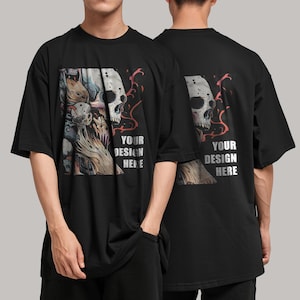 Może przedstawiać: Czarny, obszerny t-shirt z grafiką czaszki i napisem "YOUR DESIGN HERE". Przód koszulki przedstawia szczegółową ilustrację z czaszką i innymi elementami. Tył koszulki również ma tę samą grafikę czaszki i tekst.