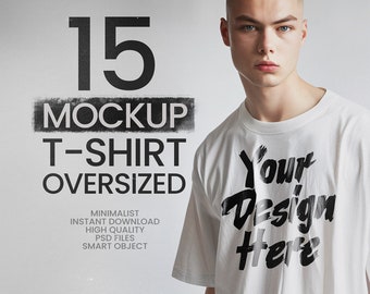 15 mockupbundel oversized T-shirts, wit T-shirt, mannelijk model (PSD+JPG)