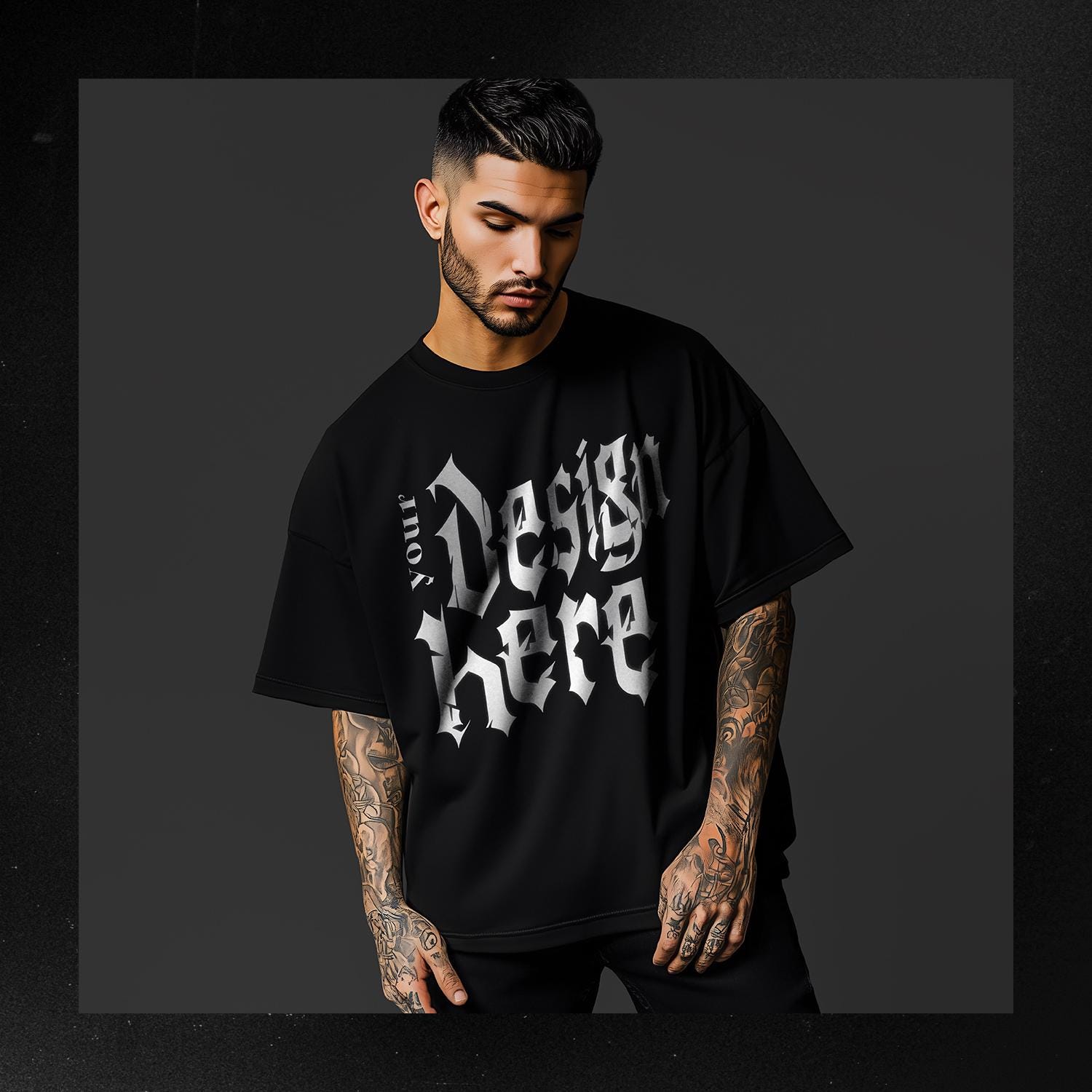 Oversized Black T-shirt Mockup – Front View, PSD + JPG (digital