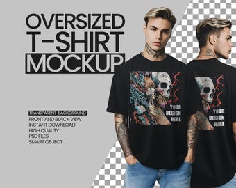 Mockup zwart oversized T-shirt, voor- en achteraanzicht (PSD-bestand)