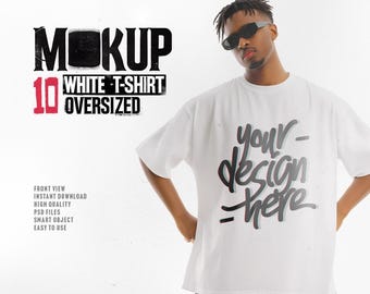 Bundel oversized witte T-shirt mockups – vooraanzicht (PSD en JPG)