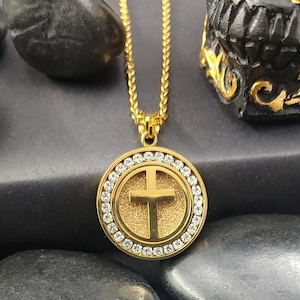 Men&#39;s Bible Verse Prayer CZ Necklace Christian Jewelry Stainless Steel Praying Hands Coin Medal Pendant Necklaces, Catholic Gifts for Men