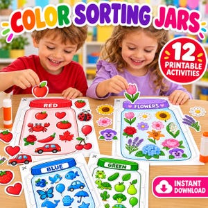 Puede incluir: Un conjunto de hojas de actividades de clasificación por colores para imprimir con frascos ilustrados etiquetados como Red, Flowers, Blue y Green. Las hojas incluyen varias formas recortables como frutas, animales y plantas para colocar.