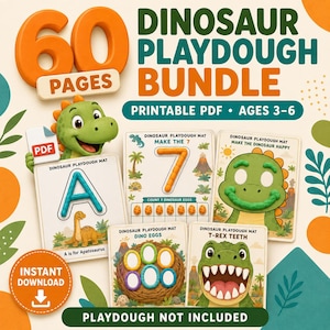 Op de afbeelding: Een 60-pagina tellende dinosaurus klei-set als printbaar PDF voor kinderen van 3-6 jaar. De set bevat geïllustreerde matten voor het vormen van de letter A, het cijfer 7, dinosaurus-eieren en T-Rex tanden. Bevat de tekst Dinosaur Playdough Bundle.