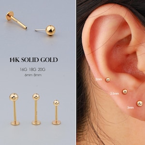 14K Solid Gold Threadless Push Pin Bolzen 16G/18G/20G Labret/Nase/Tragus/Knorpel/Conch/Forward Helix Piercings Tiny Gold Ball Flat Back Stud