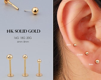 14K Solid Gold Threadless Push Pin Stud 16G/18G/20G Labret/Nose/Tragus/Cartilage/Conch/Forward Helix Piercings Tiny Gold Ball Flat Back Stud