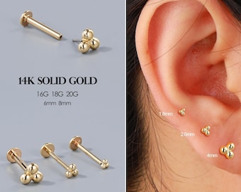 14K Solid Gold Tiny Three Ball Push Pin, Cartilage/Tragus/Helix/Daith/Rook/Earlobe Studs, Solid Gold Flat Back Threadless Push-in Earrings