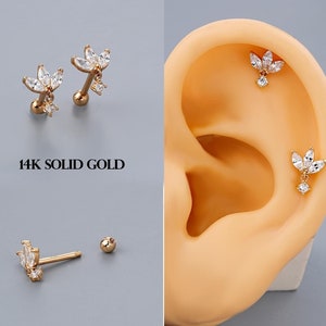 Pendientes de oro de 14 quilates con forma de loto para cartílago, corona, hélix, trago o caracola, colgante de circonita de loto de 16 g y pendiente recto con extremo en forma de bola, regalo