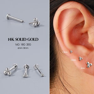 14K White Gold Tiny Three Ball Push Pin, Cartilage/Tragus/Helix/Rook/Earlobe Labret Stud, Solid Gold Flat Back Threadless Push-in Earrings