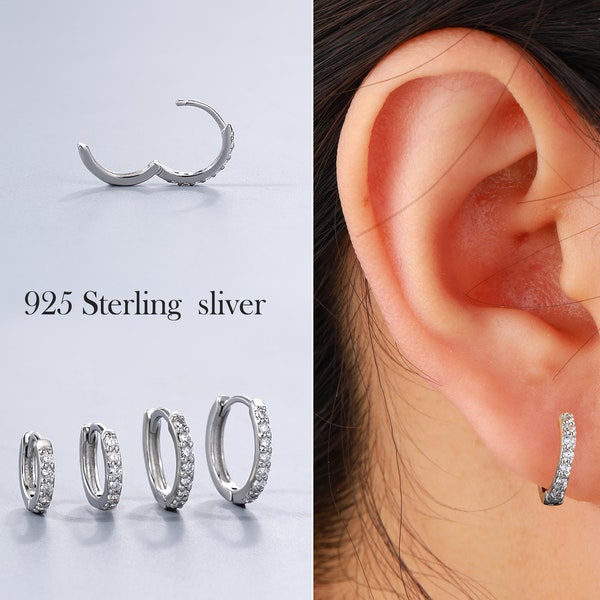 925 Sterling Silver Huggie Hoop Earrings, Pave CZ Gems Silver Earrings, Dainty Clear Tiny Hoop Earrings,  dainty hoops, small hoop earrings
