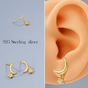20G Gold Moon Stud Earring in 925 Sterling Silver, CZ Petal Pendant, Dangling Flower Stud Earrings, Tiny Lobe/Cartilage Stud, New Year Gift